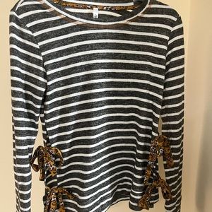 Soft gray and white striped sweater with yellow bows on waist by Daisies Brand